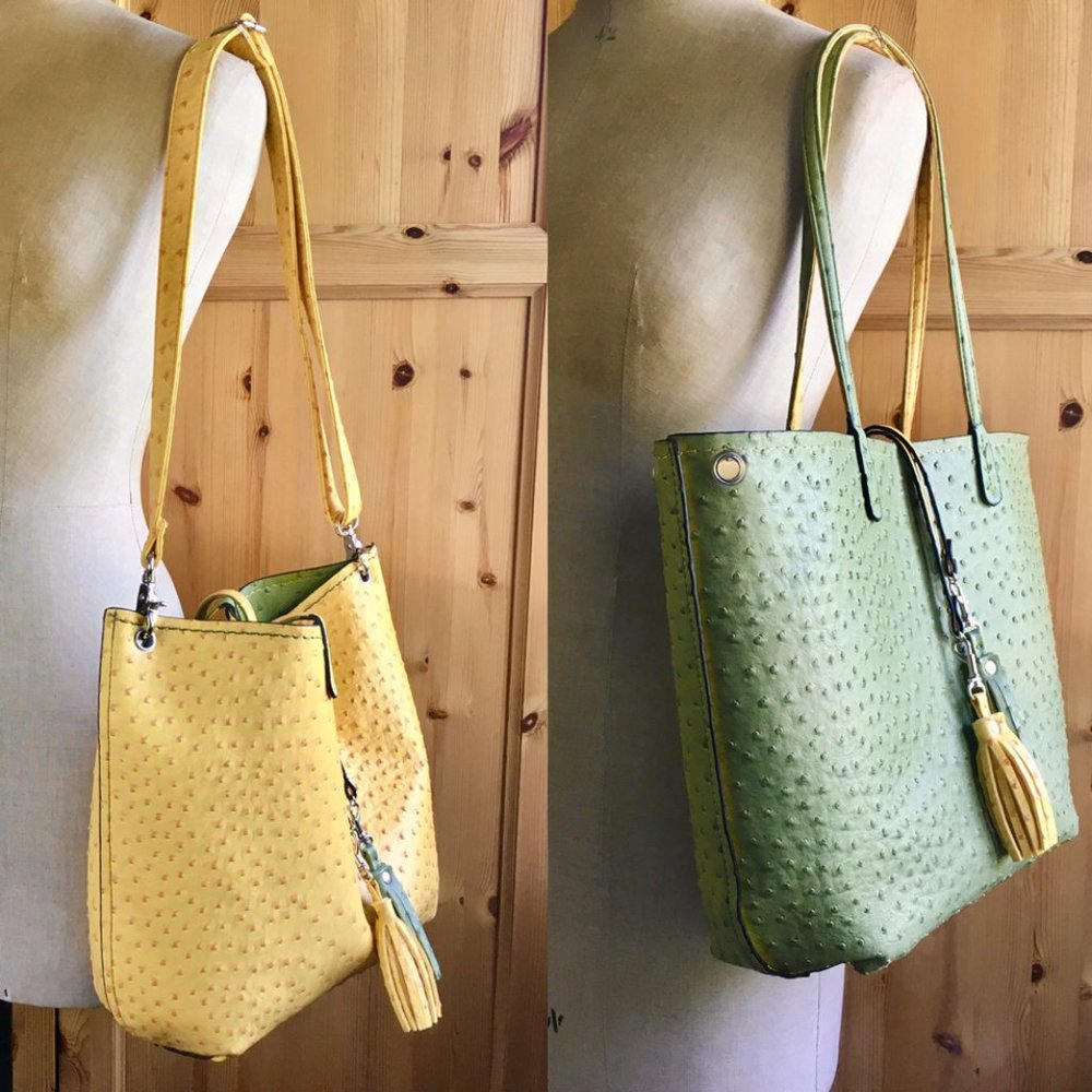 Reversible Tote Green Yellow Ostrich Convertible Shoulder Strap NWOT